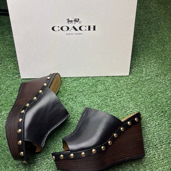 NEW COACH Helena platform open toed heels Y2K Clog Mules Wood Size 6B VTG - Picture 6 of 9